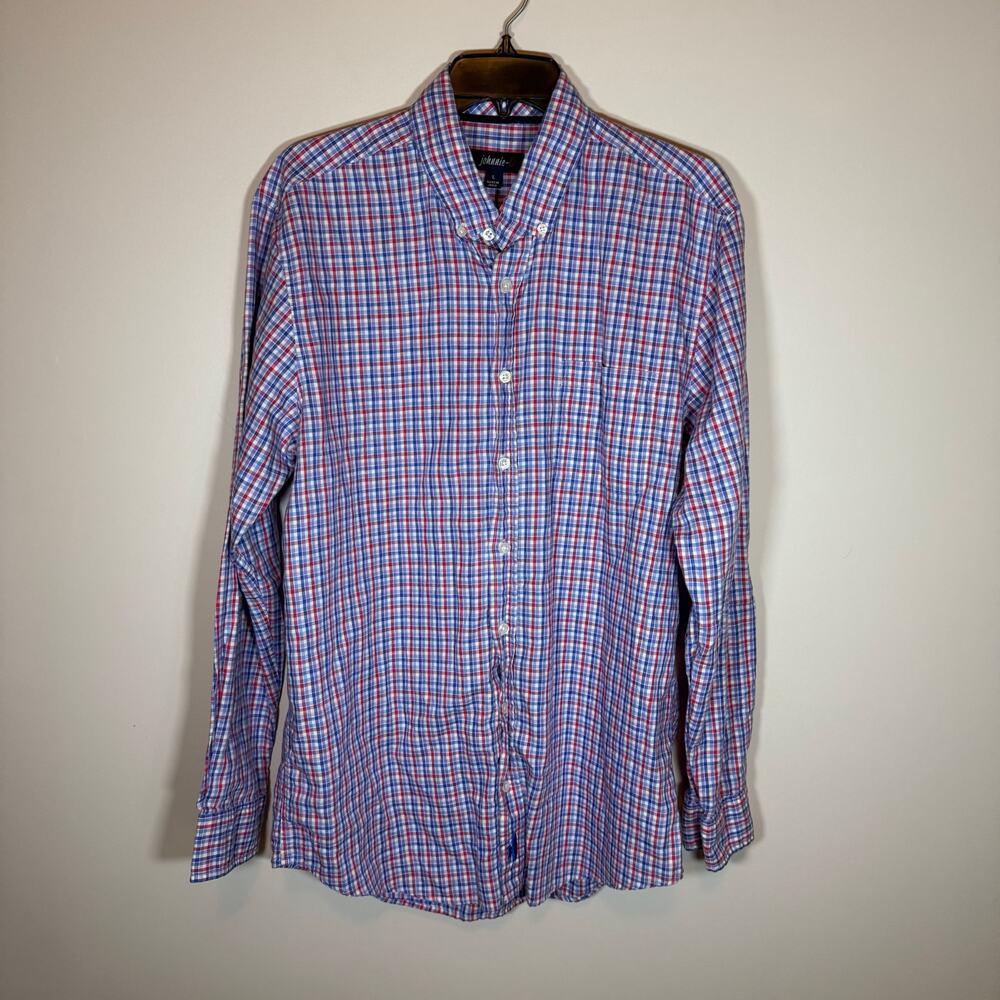 Men’s L Multicolor Plaid Johnnie O Preppy Easter Colorful Casual Button Up Shirt